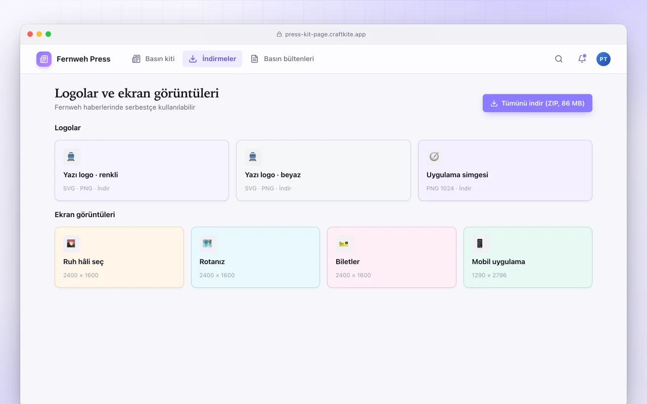 Basın kiti sayfası: Logolar ve ekran görüntüleri ekranı