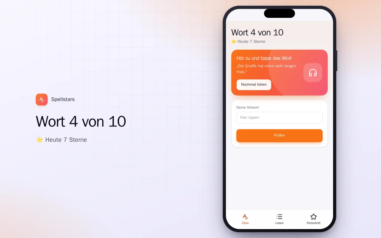 Rechtschreibtraining für Kinder: der Bildschirm „Wort 4 von 10“