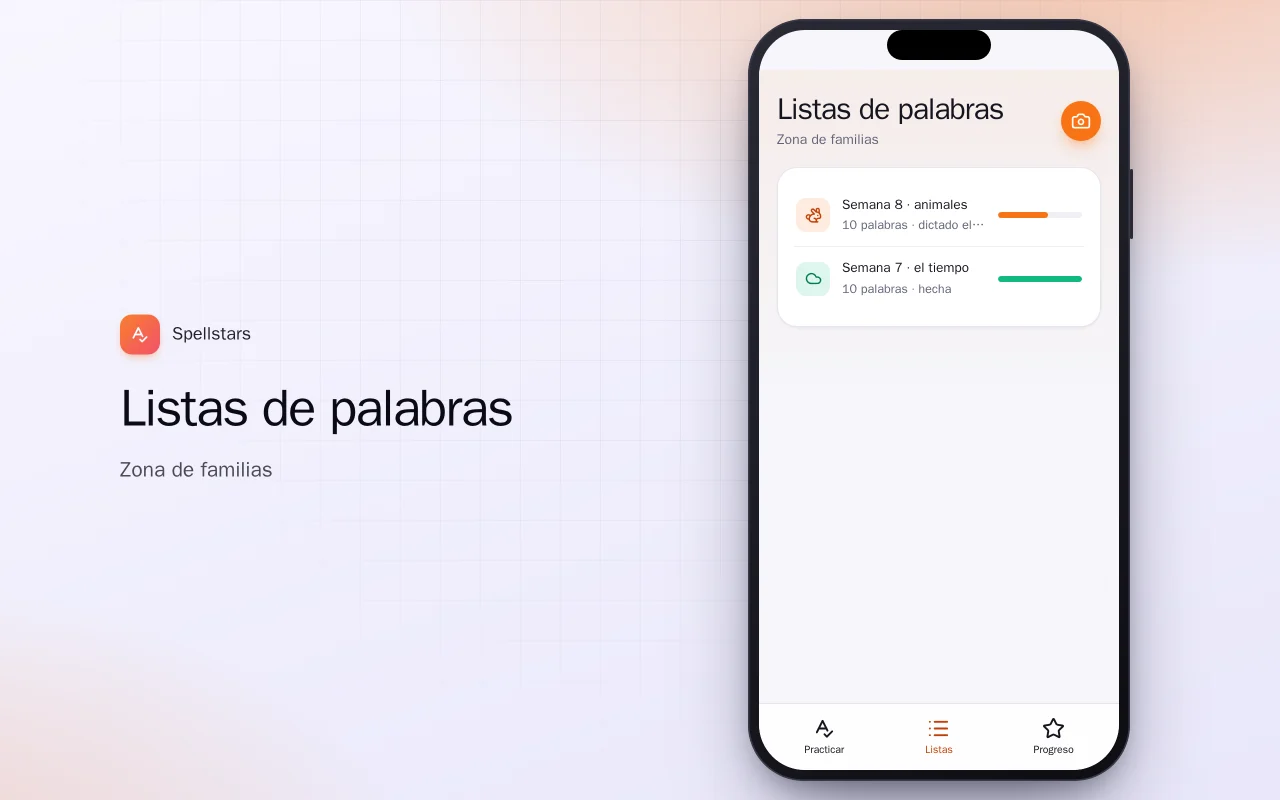 Ortografía para niños: la pantalla Listas de palabras
