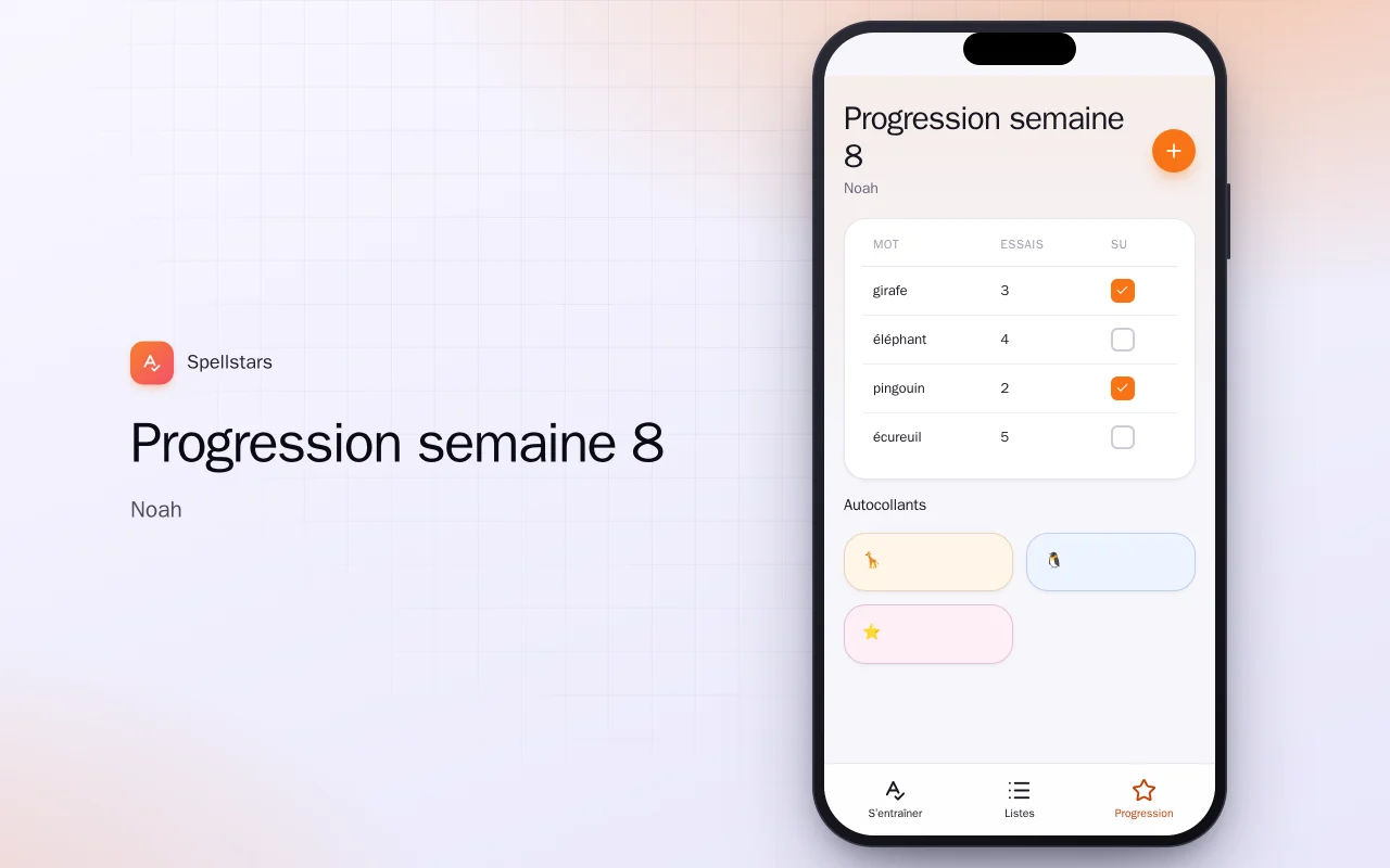 Orthographe pour enfants : l’écran Progression semaine 8