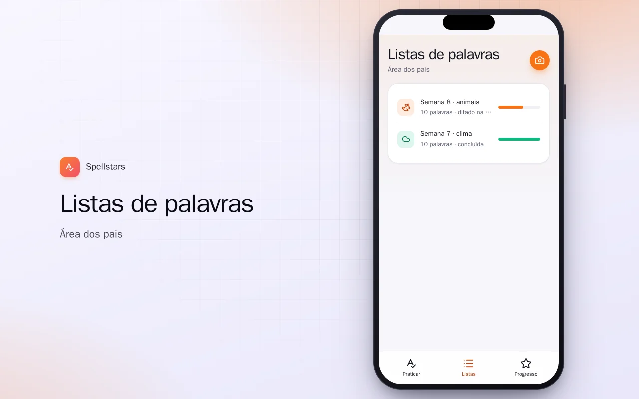 Ortografia para crianças: a tela Listas de palavras