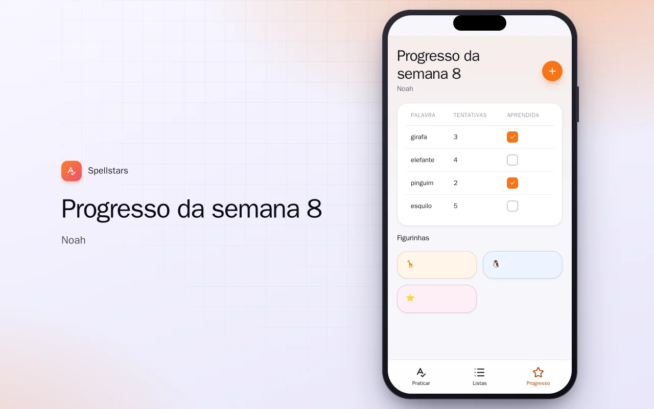 Ortografia para crianças: a tela Progresso da semana 8