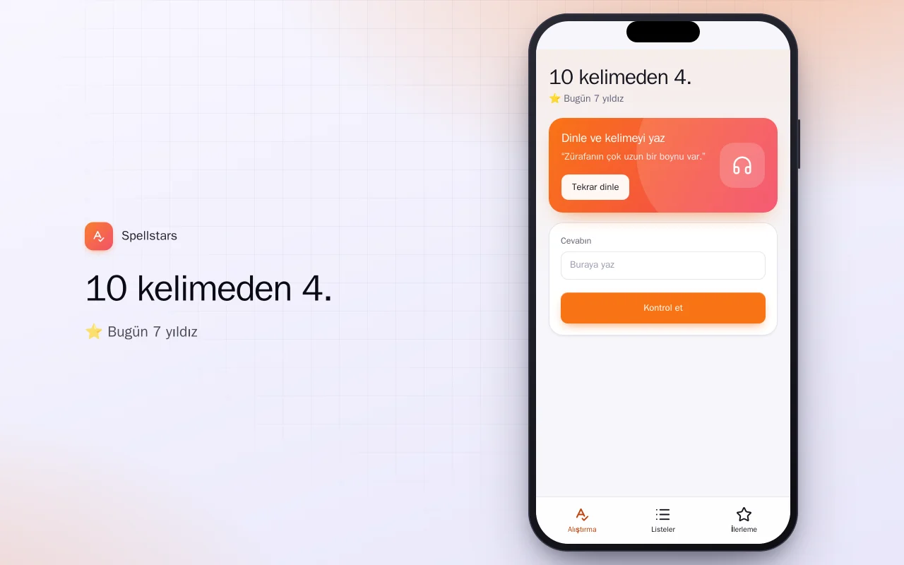 Çocuklar için yazım alıştırması: 10 kelimeden 4. ekranı