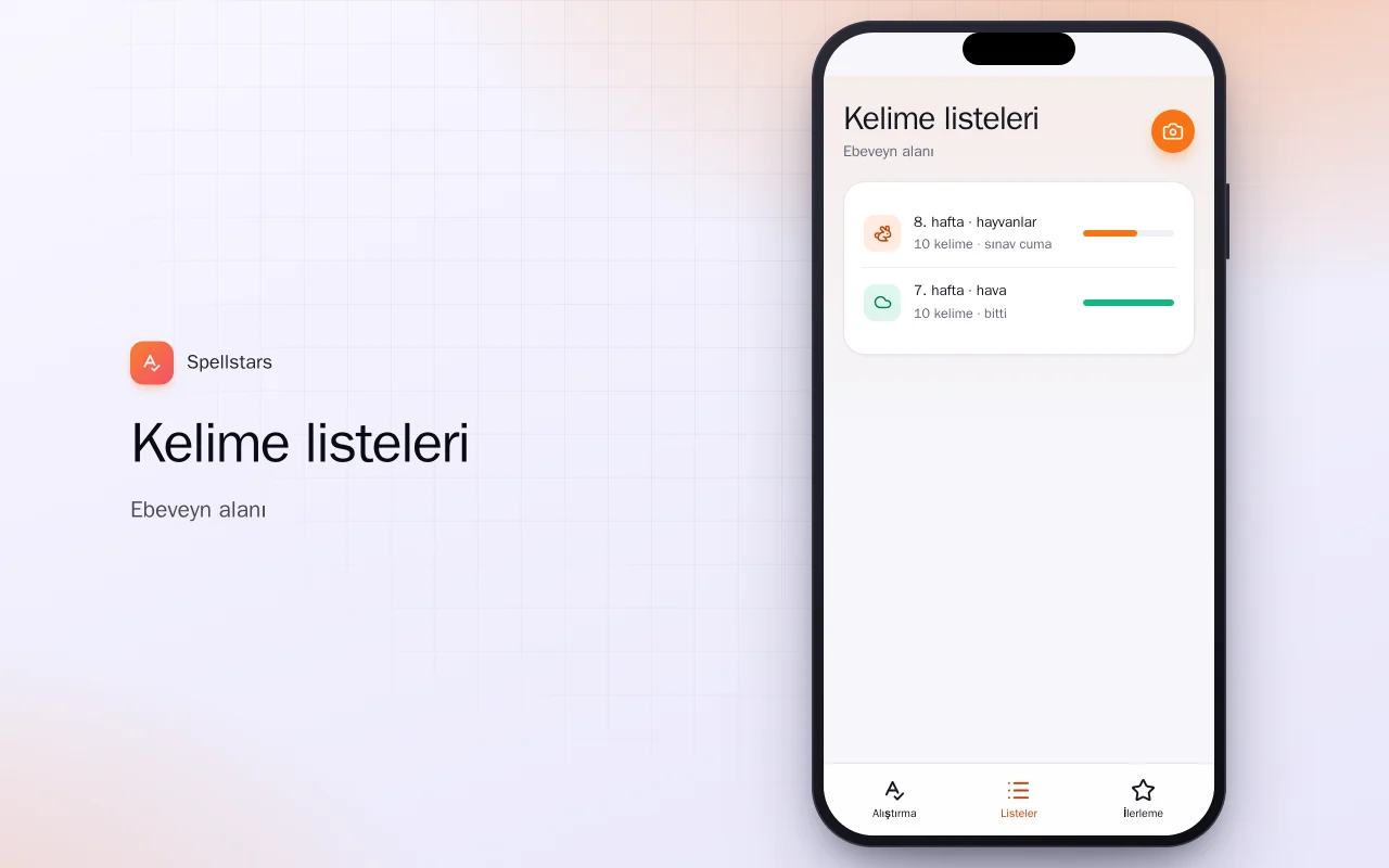 Çocuklar için yazım alıştırması: Kelime listeleri ekranı
