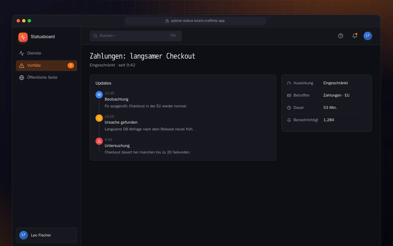 Verfügbarkeits-Statusboard: der Bildschirm „Zahlungen: langsamer Checkout“