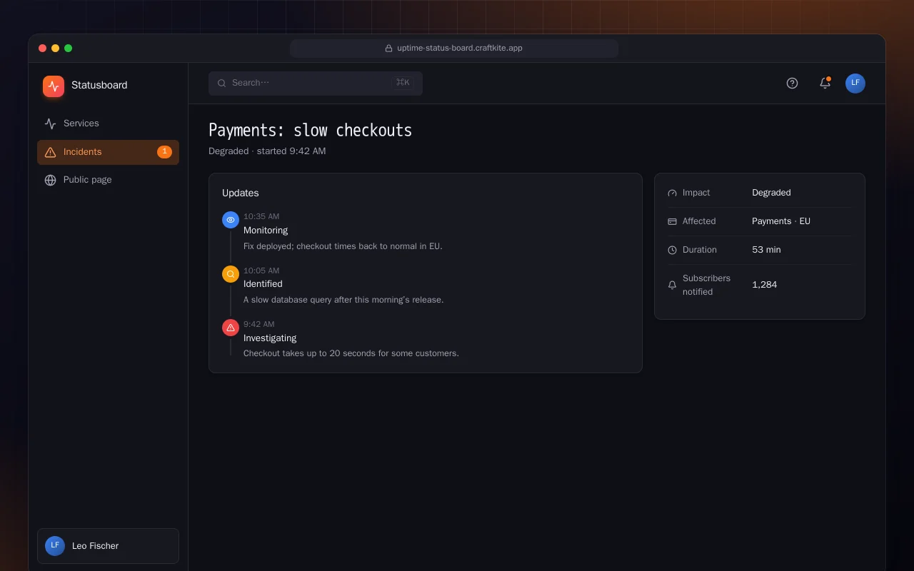 Uptime status board: the Payments: slow checkouts screen