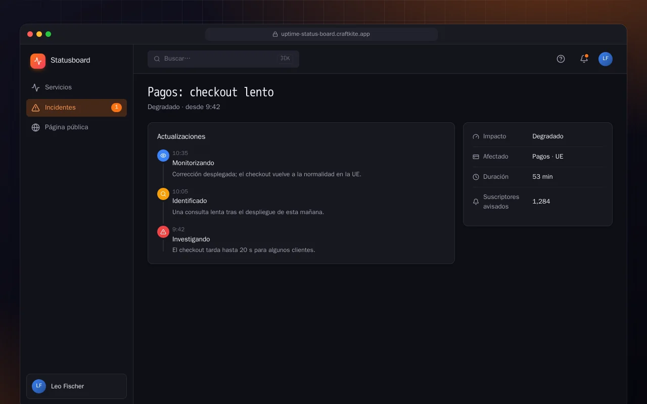 Panel de estado y disponibilidad: la pantalla Pagos: checkout lento