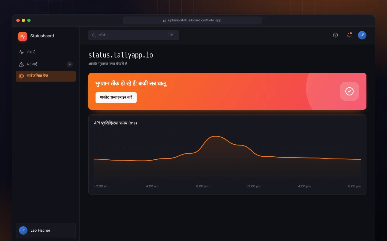 अपटाइम स्टेटस बोर्ड: status.tallyapp.io स्क्रीन
