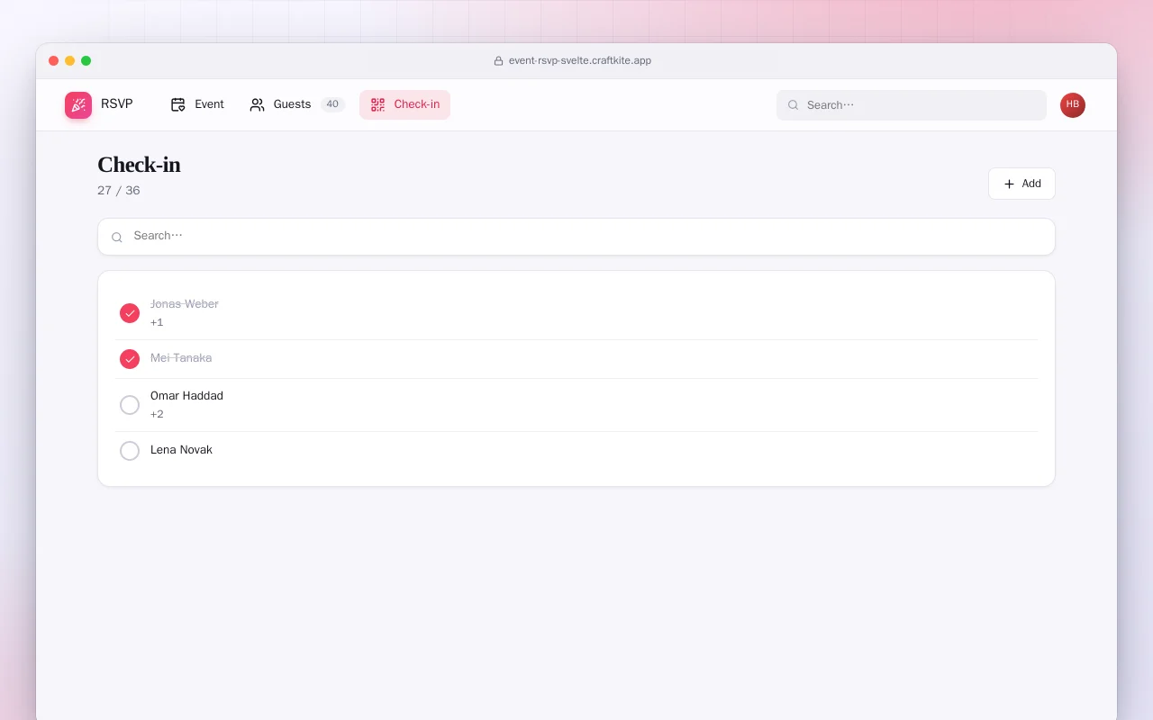 Event RSVP (SvelteKit): the Check-in screen