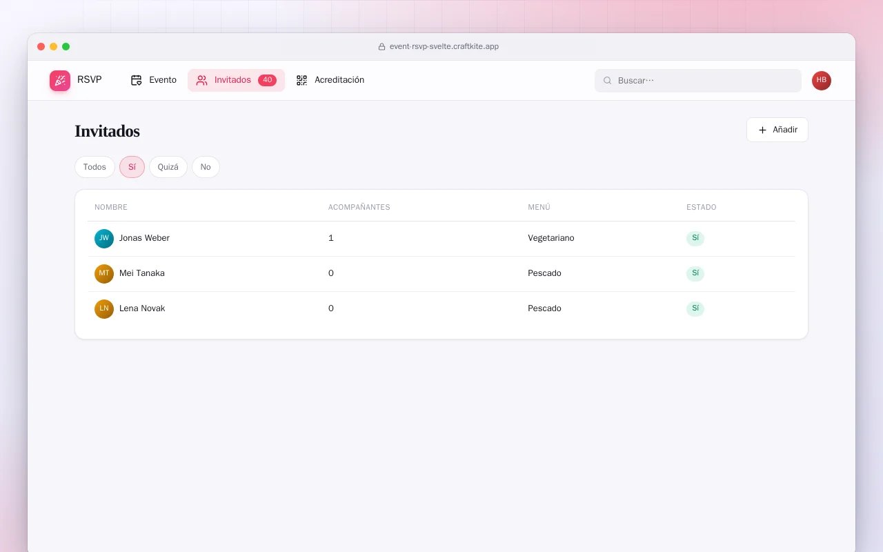 Confirmaciones de evento (SvelteKit): la pantalla Invitados