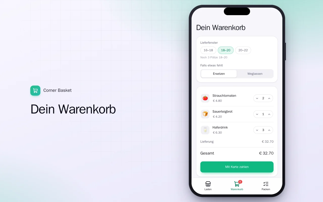 Lebensmittel-Lieferdienst vor Ort: der Bildschirm „Dein Warenkorb“
