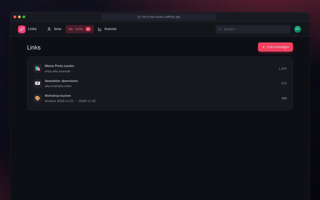 Link-Seite (SvelteKit): der Bildschirm „Links“
