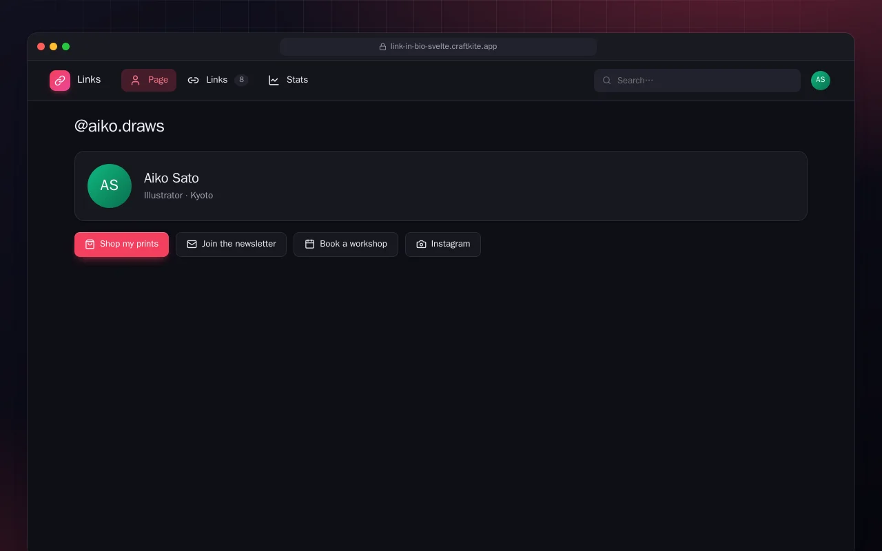Link Page (SvelteKit): the @aiko.draws screen