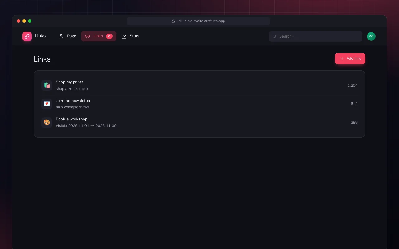 Link Page (SvelteKit): the Links screen