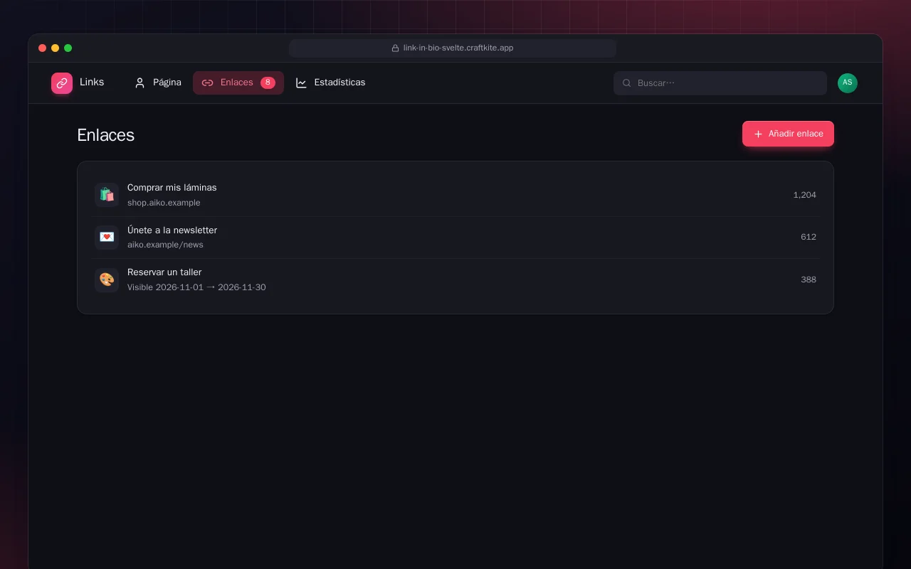 Página de enlaces (SvelteKit): la pantalla Enlaces