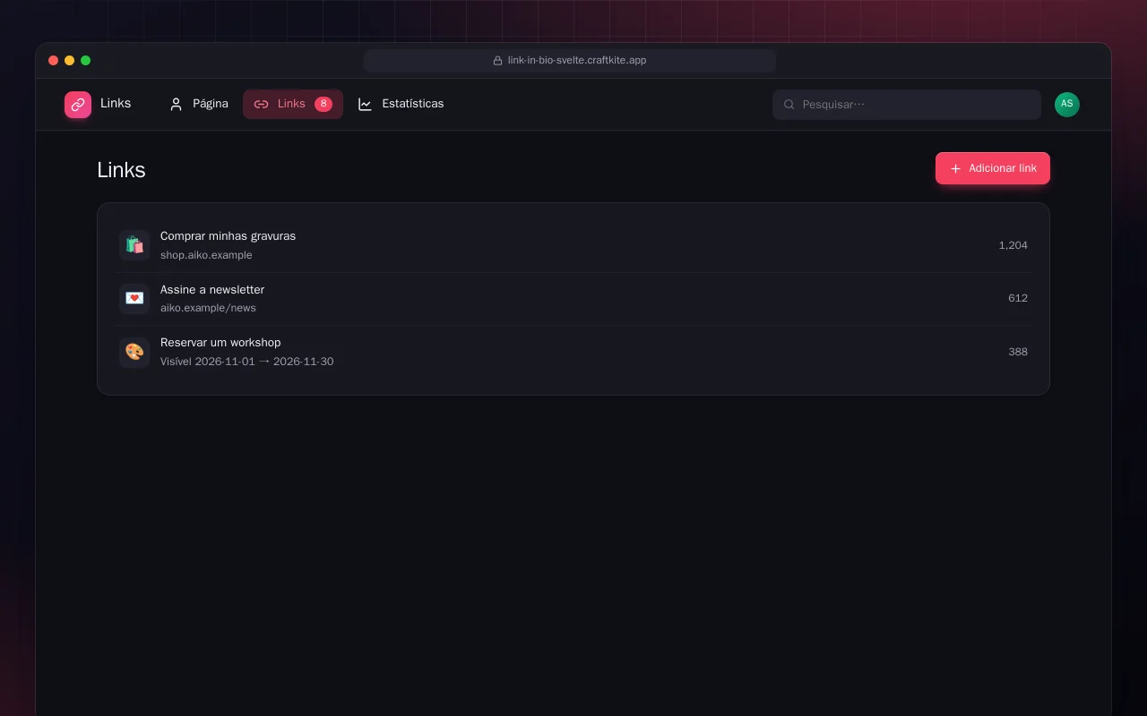 Página de links (SvelteKit): a tela Links