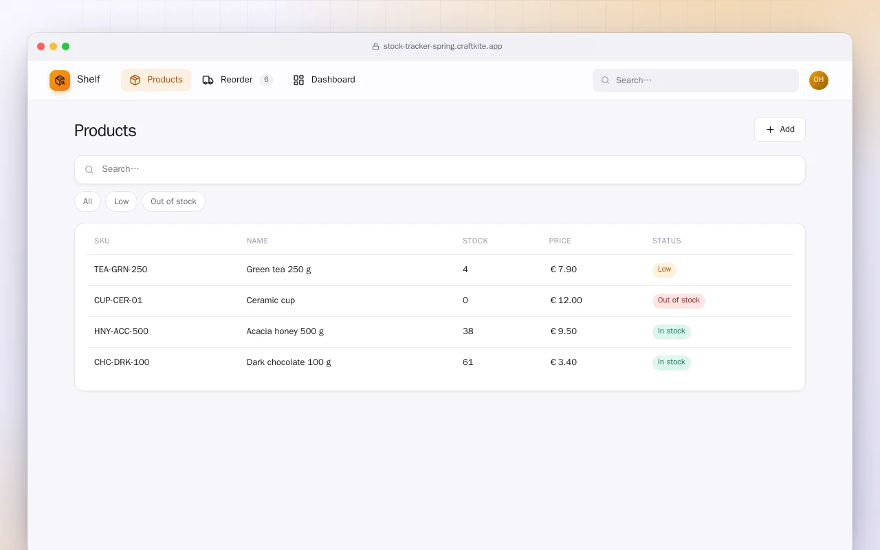 Stock Tracker (Spring Boot): the Products screen