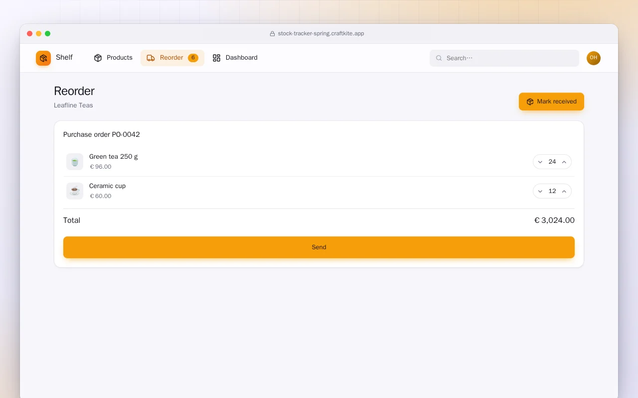 Stock Tracker (Spring Boot): the Reorder screen