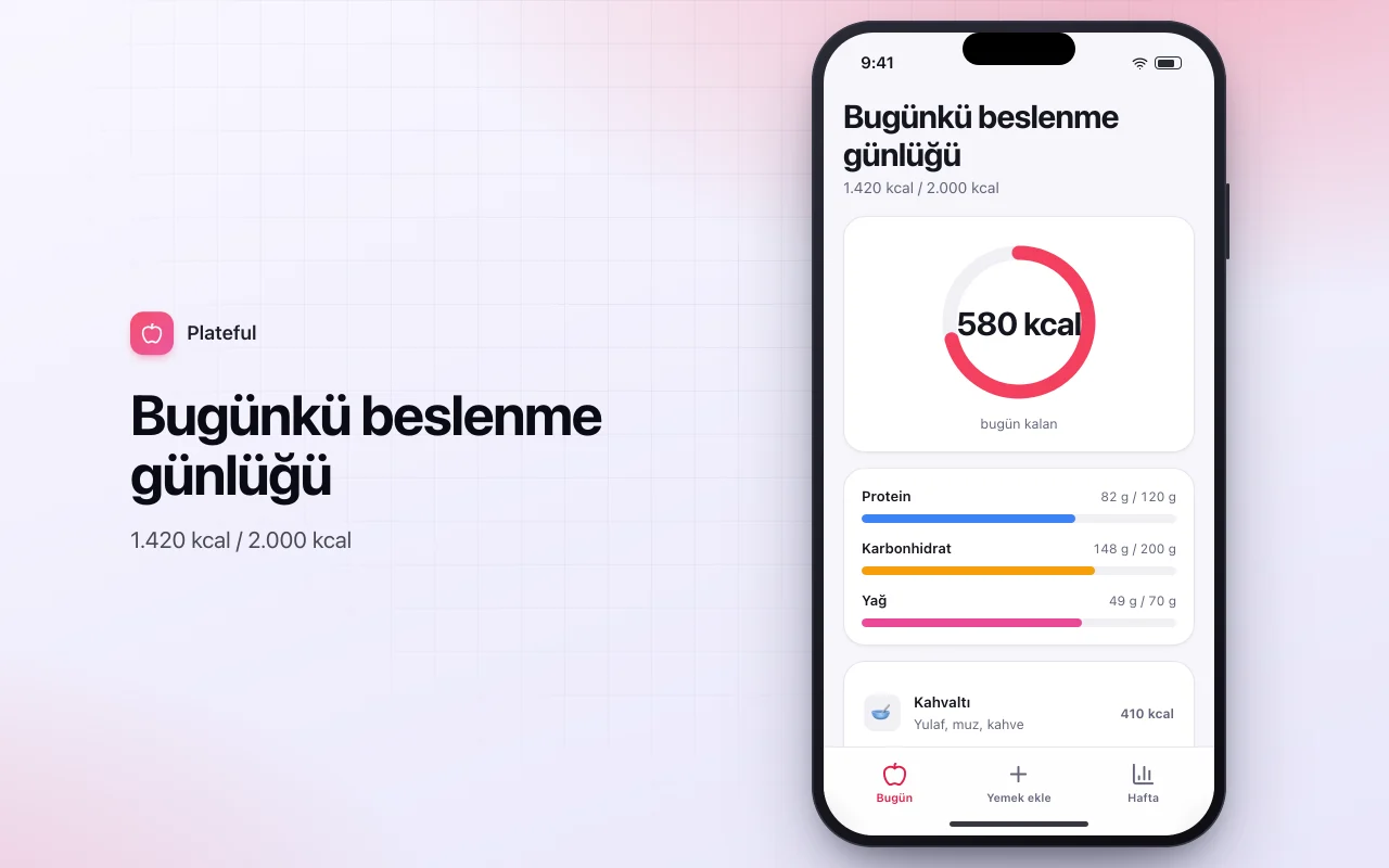 Yemek günlüğü ve makro takipçisi: Bugünkü beslenme günlüğü ekranı