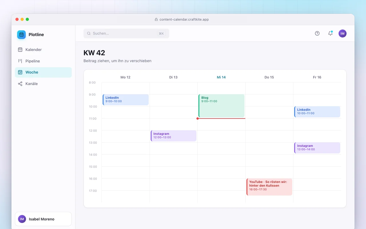 Content-Kalender: der Bildschirm „KW 42“