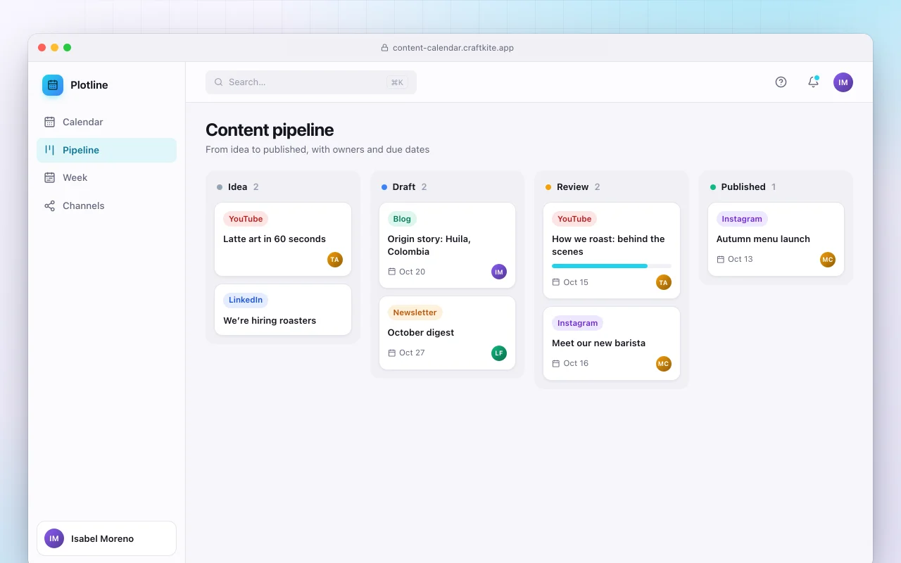 Content calendar: the Content pipeline screen