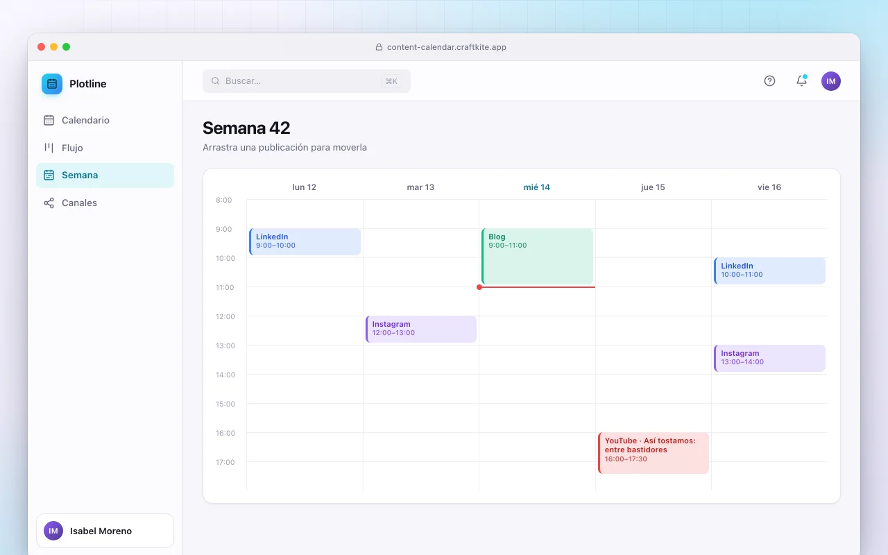 Calendario de contenidos: la pantalla Semana 42