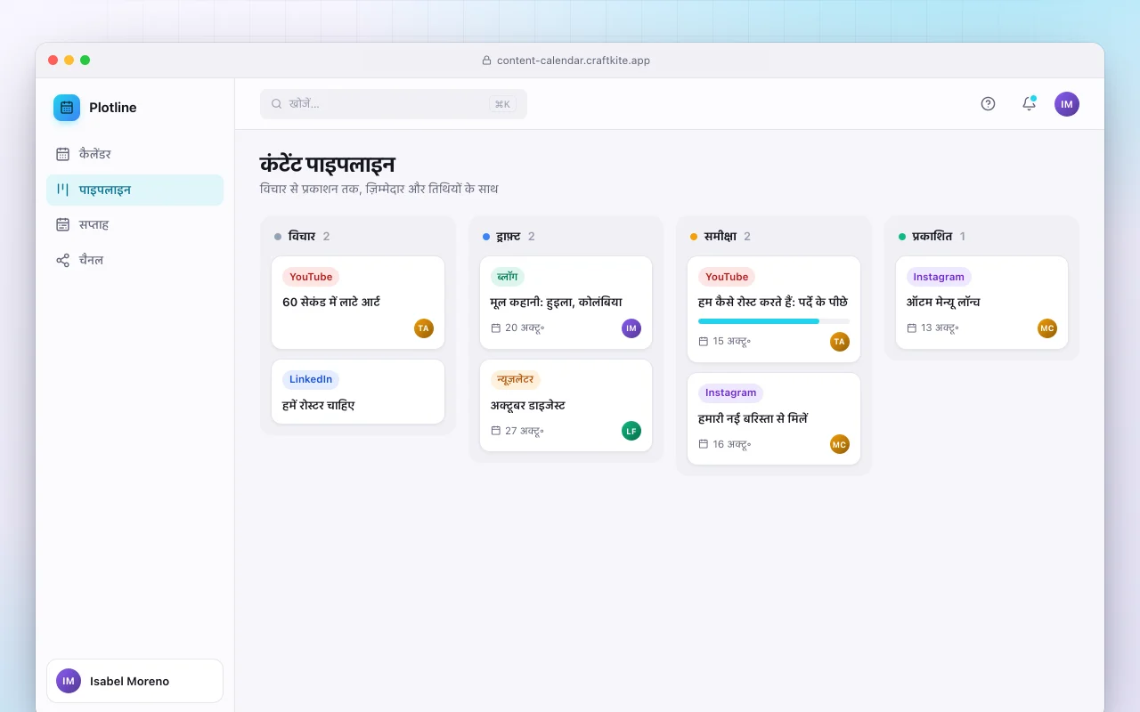 कंटेंट कैलेंडर: कंटेंट पाइपलाइन स्क्रीन