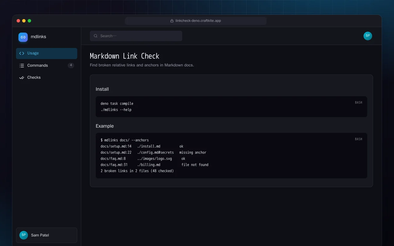 Markdown Link Check (Deno): the Markdown Link Check screen