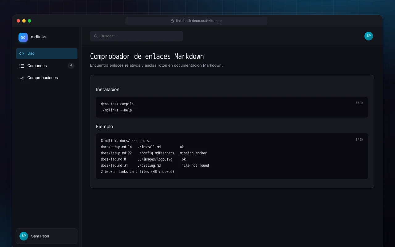 Comprobador de enlaces Markdown (Deno): la pantalla Comprobador de enlaces Markdown