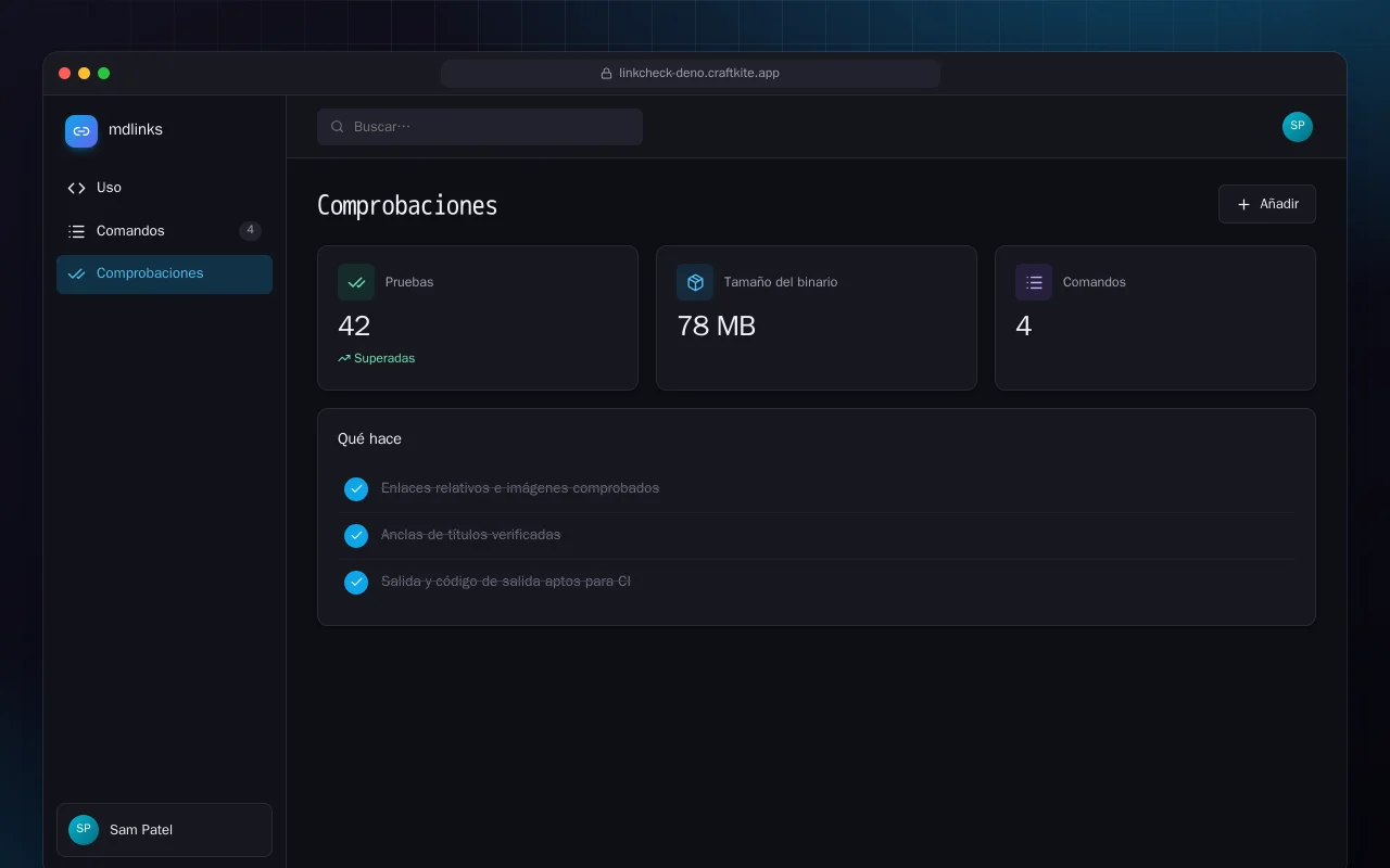 Comprobador de enlaces Markdown (Deno): la pantalla Comprobaciones