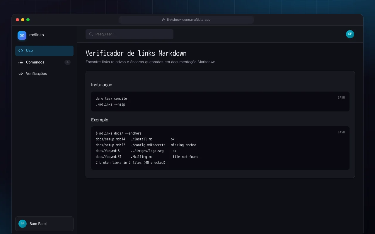 Verificador de links Markdown (Deno): a tela Verificador de links Markdown