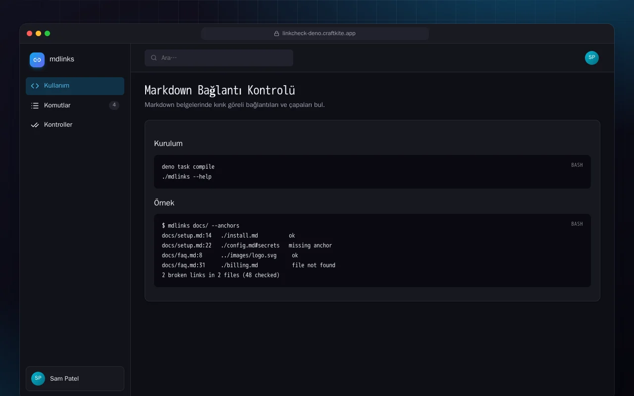 Markdown Bağlantı Kontrolü (Deno): Markdown Bağlantı Kontrolü ekranı