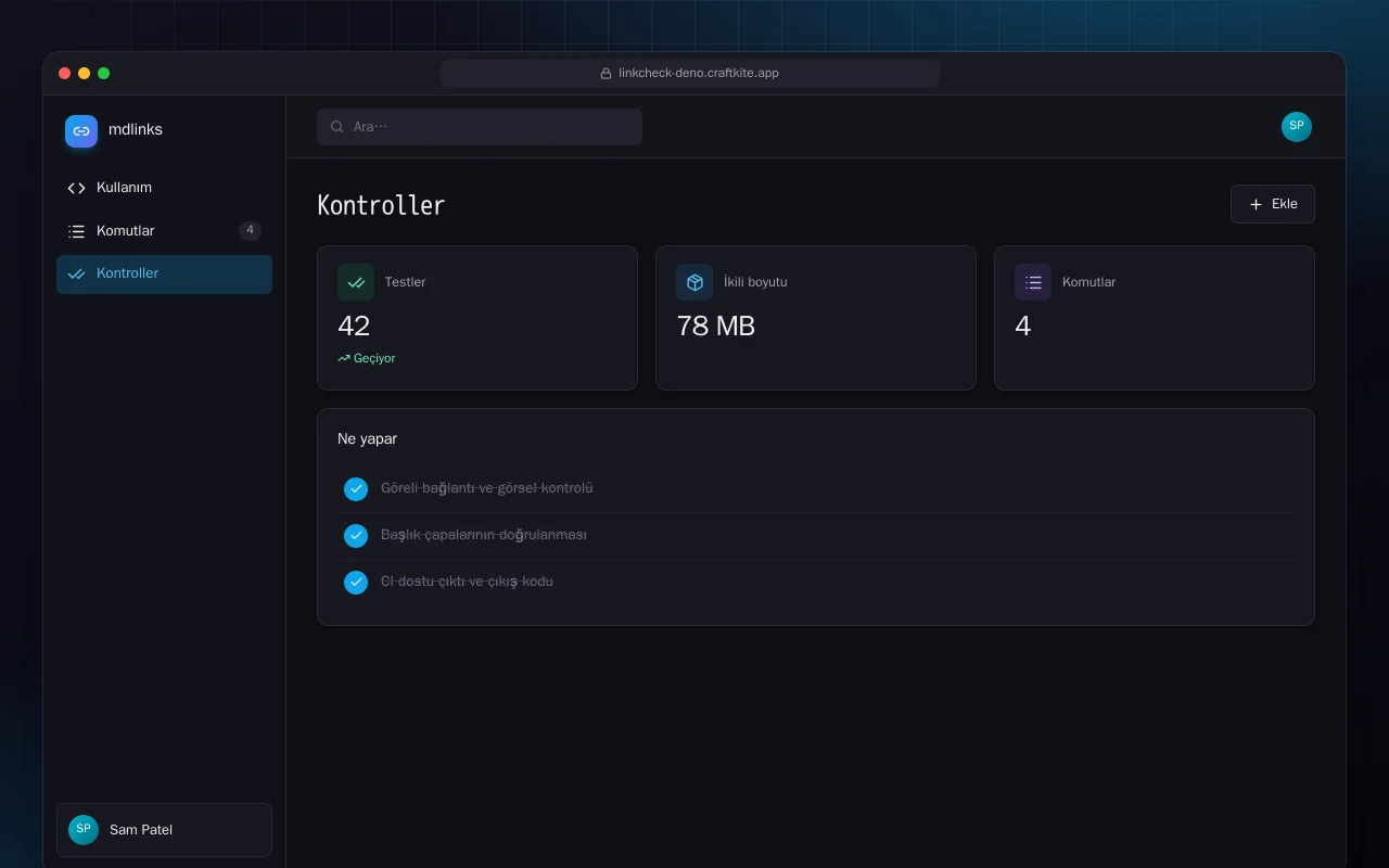 Markdown Bağlantı Kontrolü (Deno): Kontroller ekranı