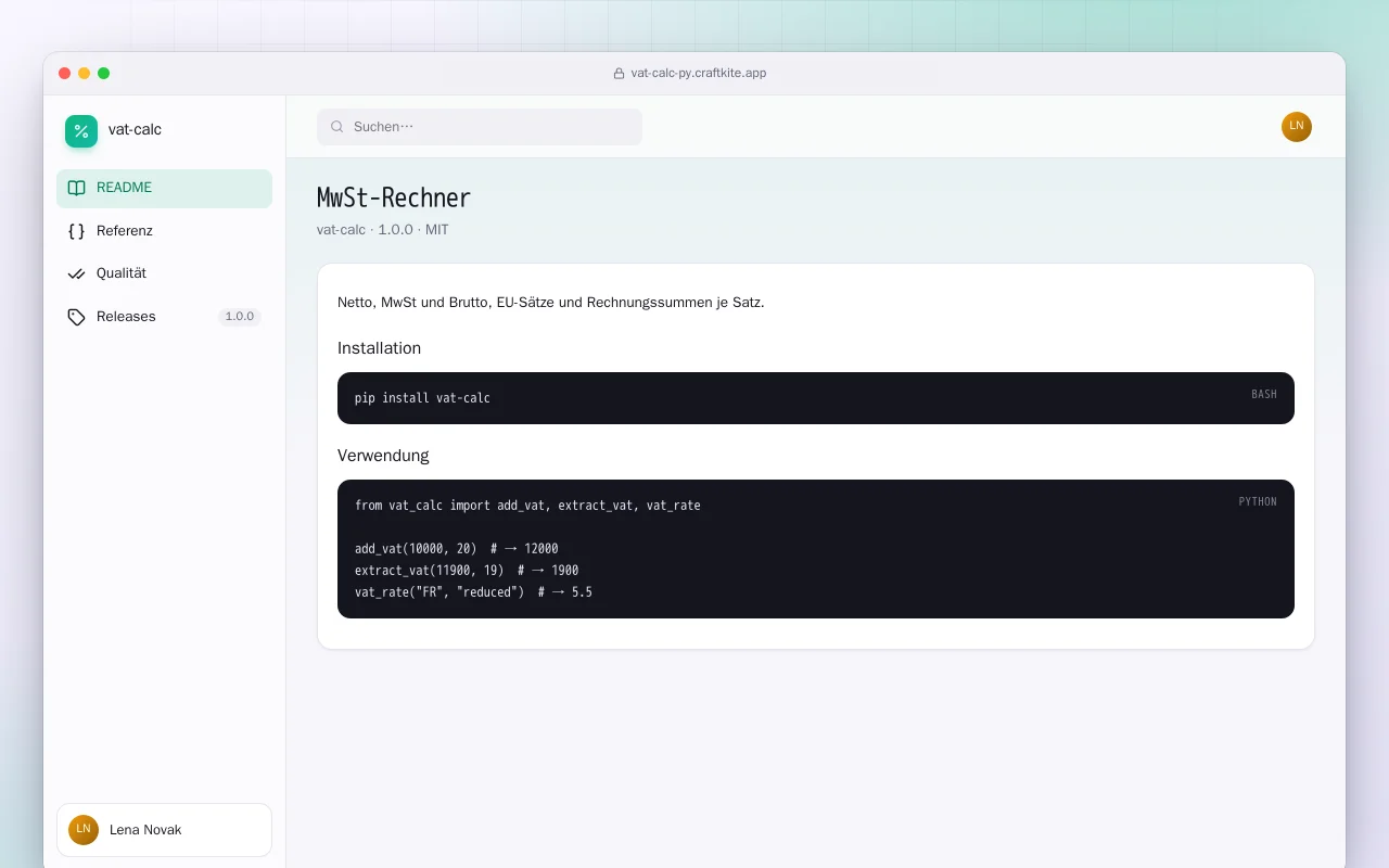 MwSt-Rechner (Python): der Bildschirm „MwSt-Rechner“