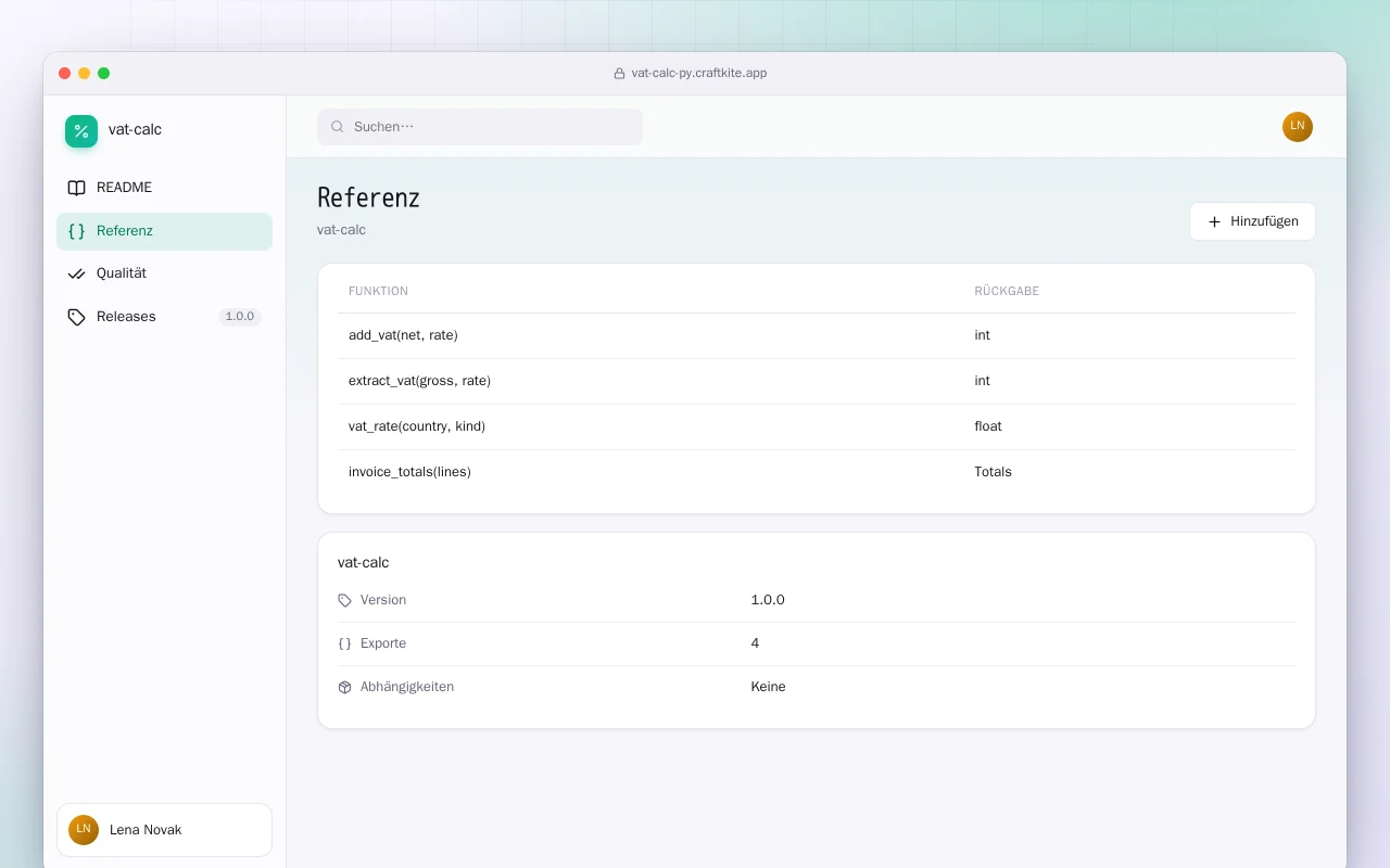 MwSt-Rechner (Python): der Bildschirm „Referenz“