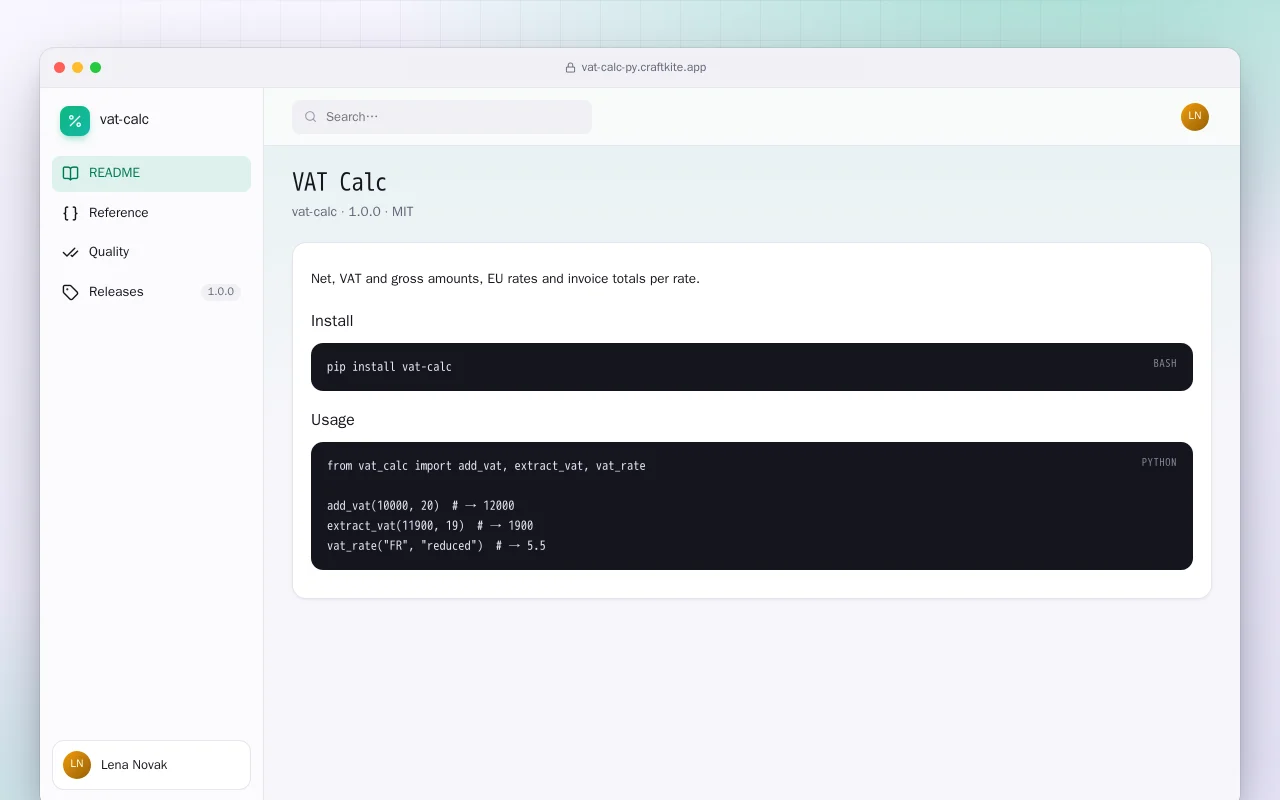 VAT Calc (Python): the VAT Calc screen
