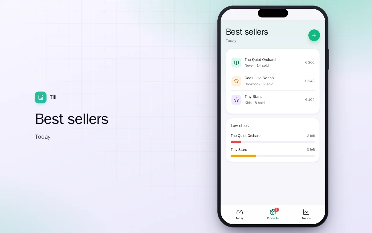 Shop sales pocket dashboard: the Best sellers screen