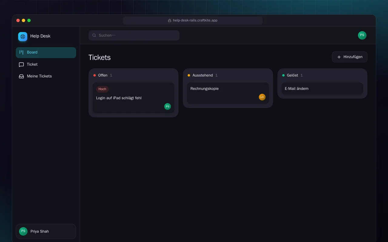 Helpdesk (Rails): der Bildschirm „Tickets“
