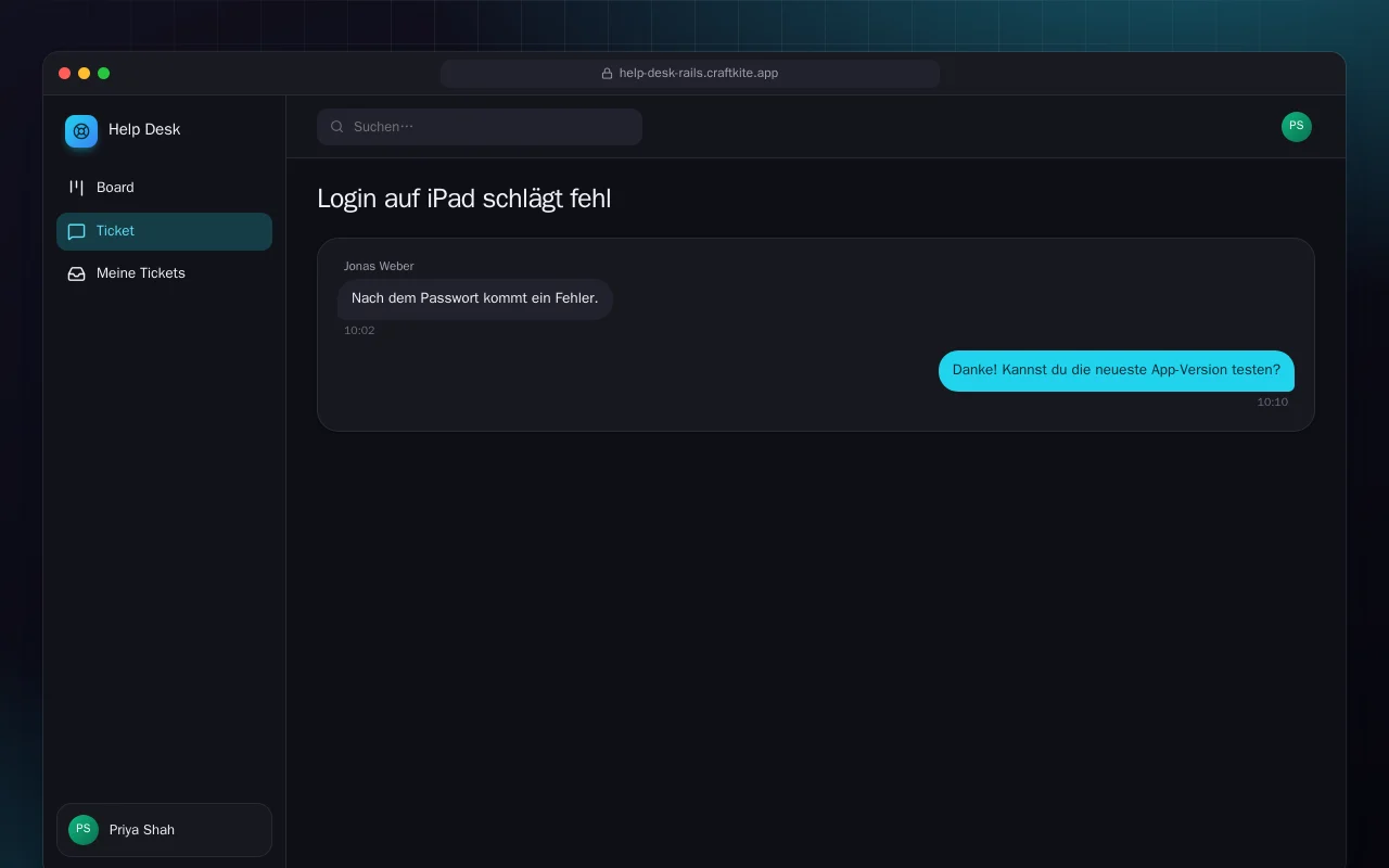 Helpdesk (Rails): der Bildschirm „Login auf iPad schlägt fehl“