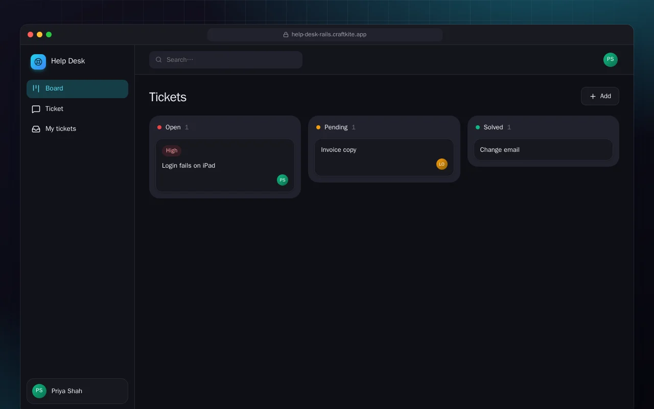 Help Desk (Rails): the Tickets screen