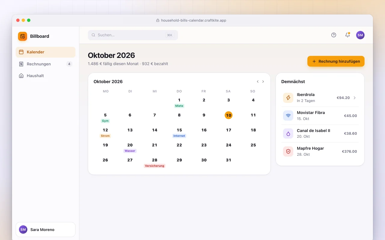 Haushaltsrechnungen-Kalender: der Bildschirm „Oktober 2026“