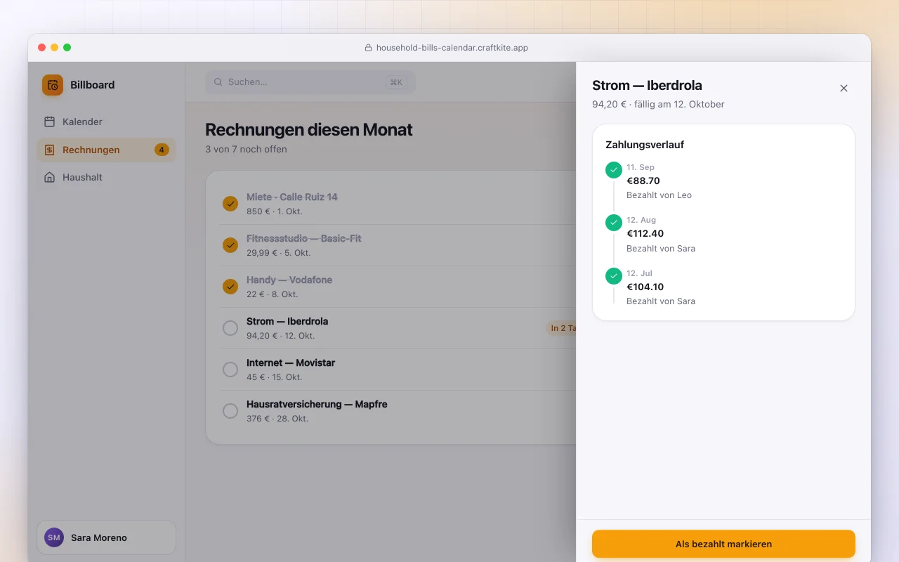 Haushaltsrechnungen-Kalender: der Bildschirm „Rechnungen diesen Monat“