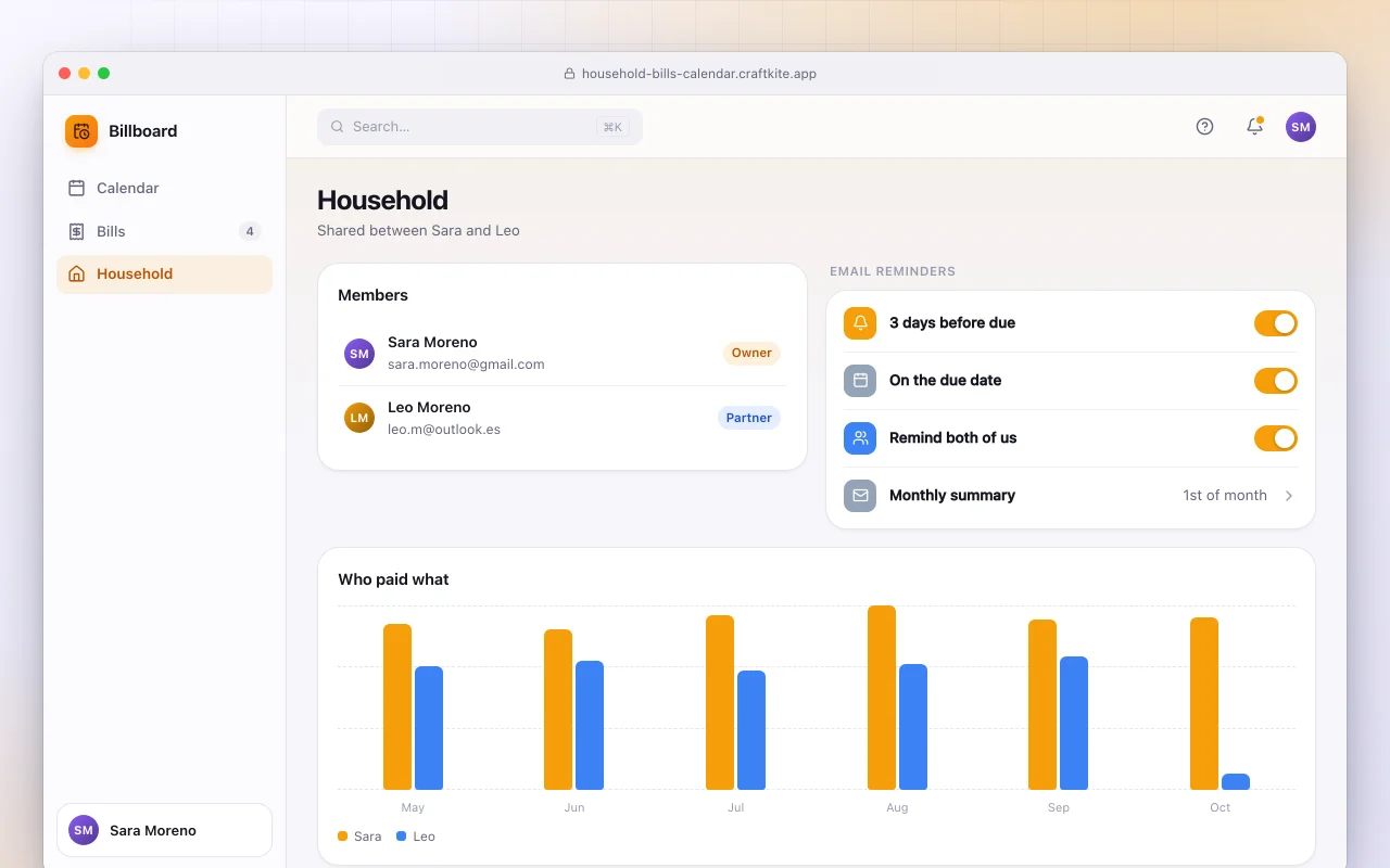 Household bills calendar: the Household screen