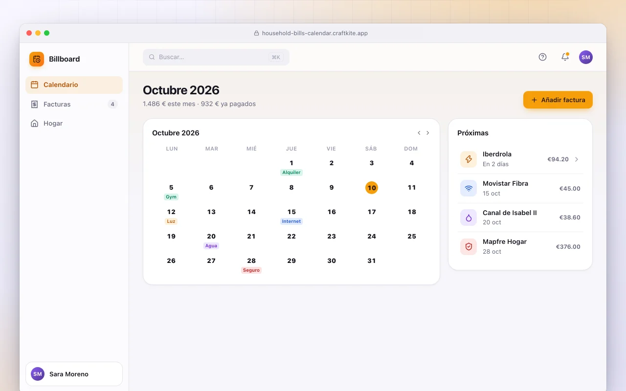 Calendario de facturas del hogar: la pantalla Octubre 2026