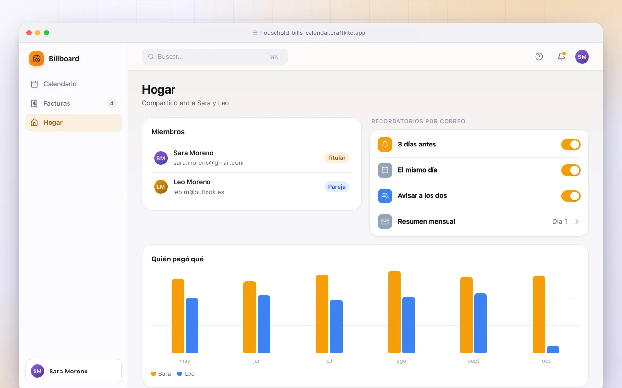 Calendario de facturas del hogar: la pantalla Hogar