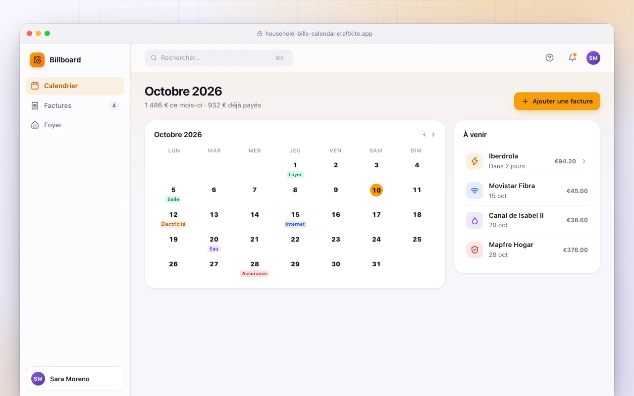 Calendrier des factures du foyer : l’écran Octobre 2026