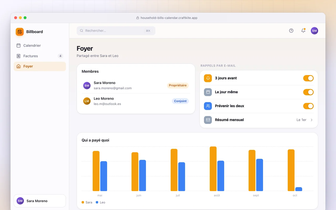 Calendrier des factures du foyer : l’écran Foyer