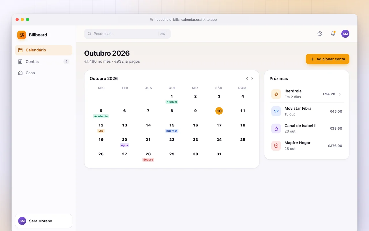Calendário de contas da casa: a tela Outubro 2026