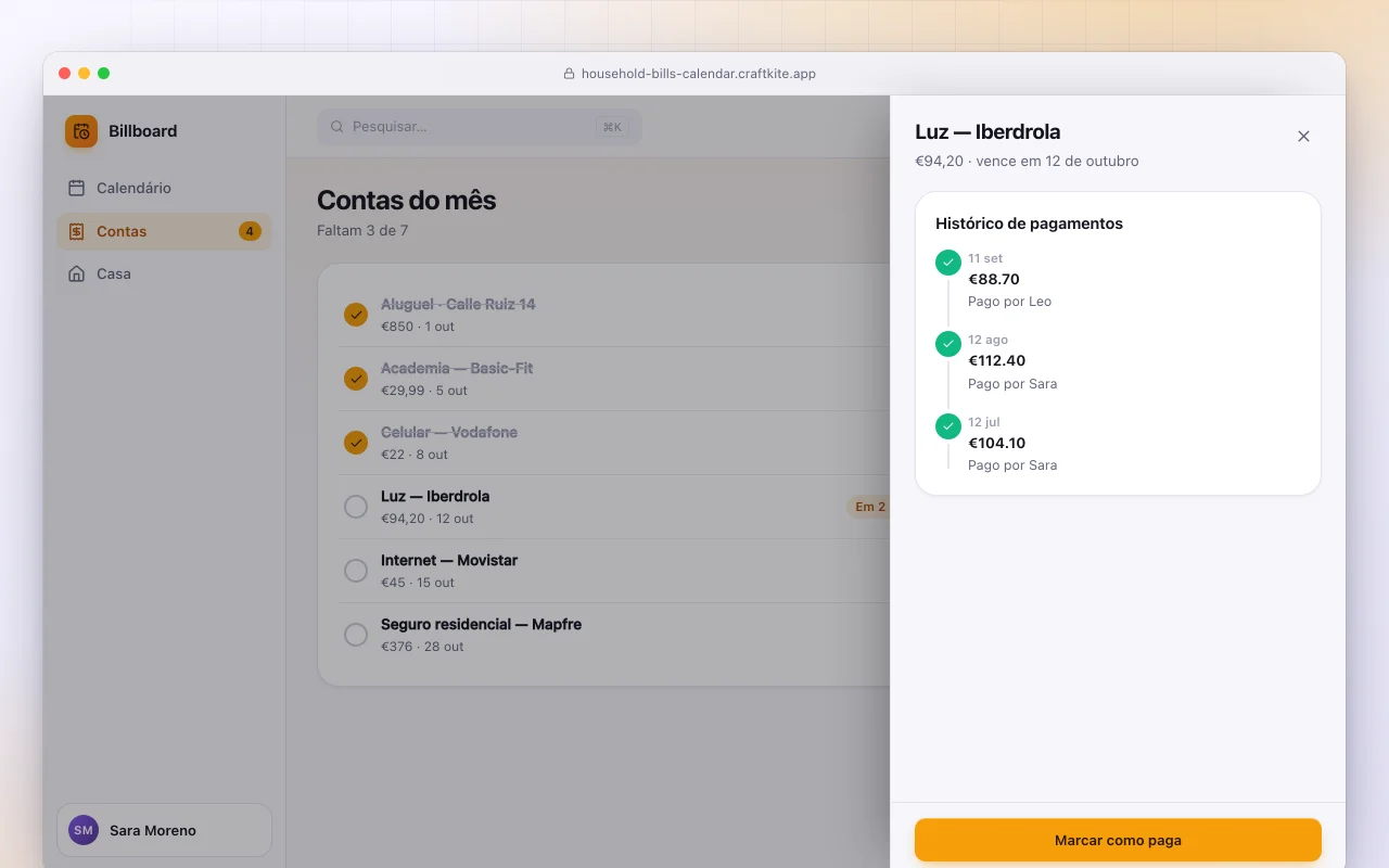 Calendário de contas da casa: a tela Contas do mês