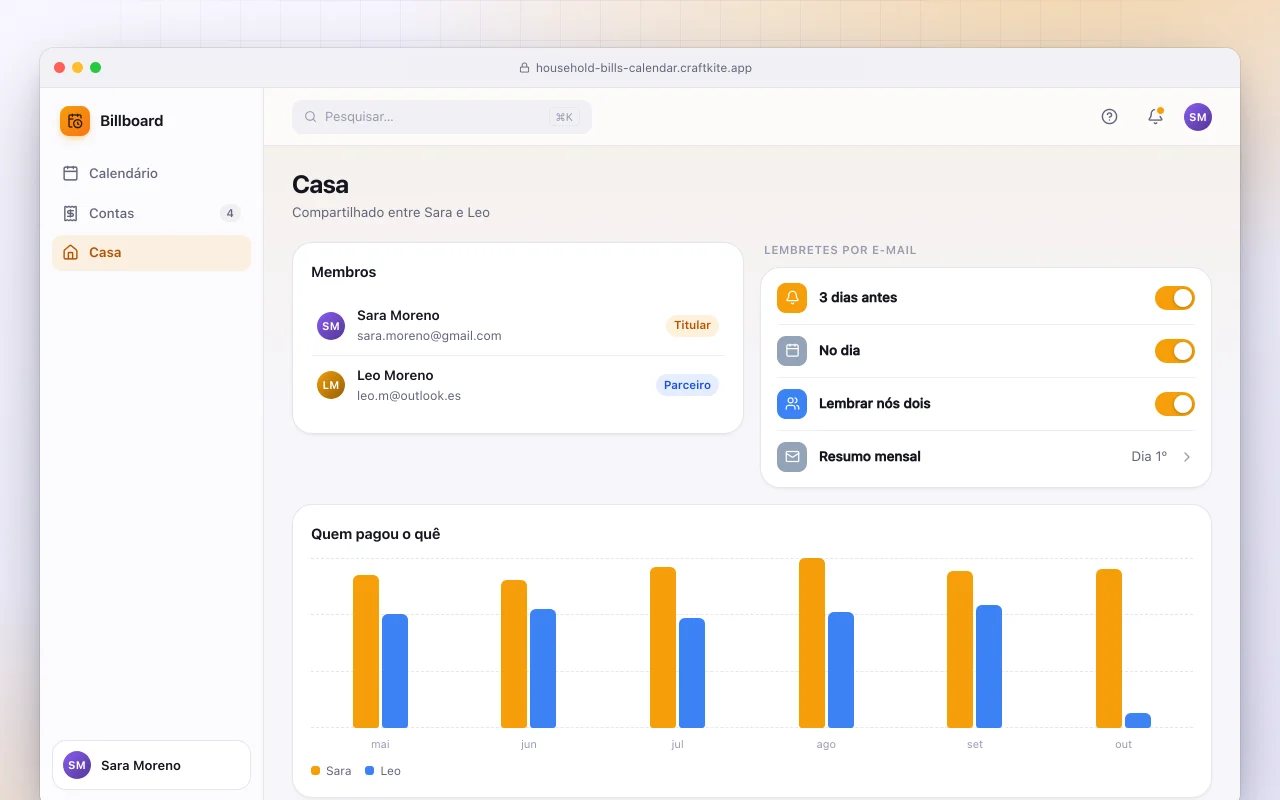 Calendário de contas da casa: a tela Casa